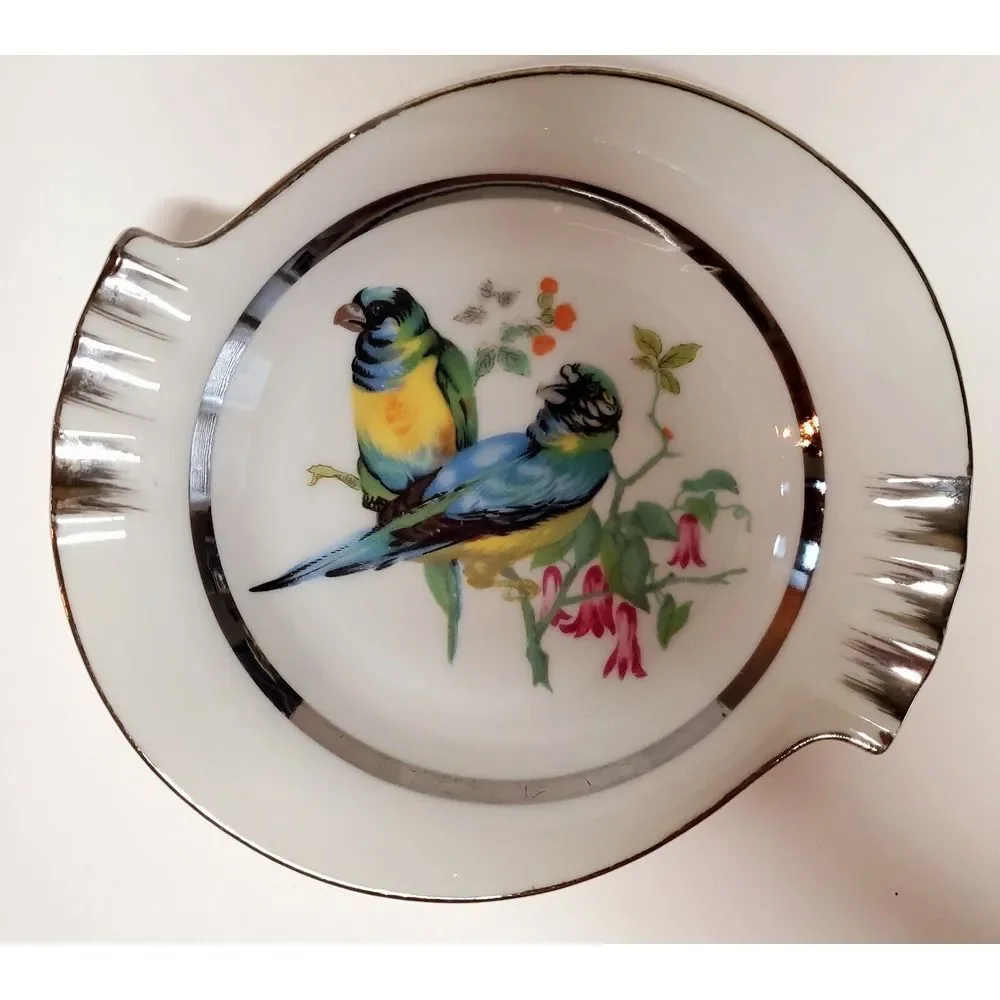 Norleans Ashtray Parrot Bird Japan Hand Paint Dish Ring Hold Porcelain Bl/Grn/Yl